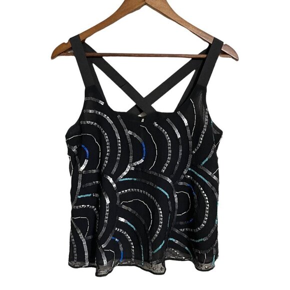 Free People Womens Black Beaded Embellished Abstract Semi Cropped Tank Blouse XS - Picture 1 of 7